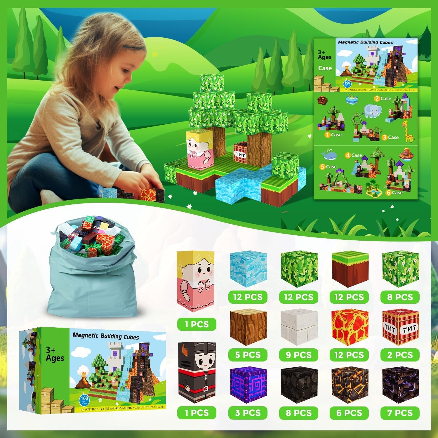 Magnetic Blocks, 100 PCS Building Blocks Set, Magnetic Tiles Building Toys for 3+ Year Old Boys & Girls, STEM Magnetic Building Blocks for Toddlers Kids