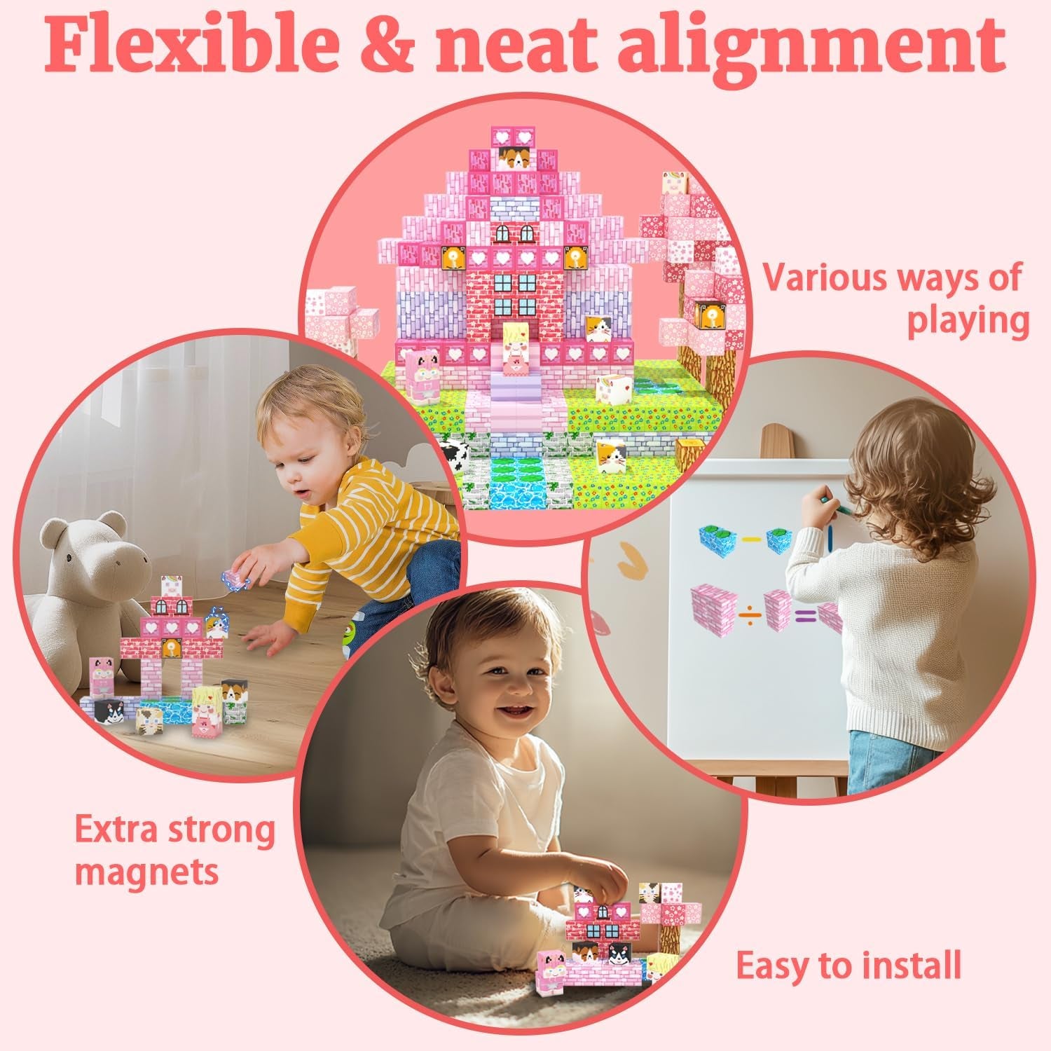 Magnetic Blocks, 48PCS Magnetic Tiles Building Blocks, Magnet Cubes STEM Sensory Game Toys Christmas Birthday Gifts for Kids Girls Age 3+ (Pink Forest)