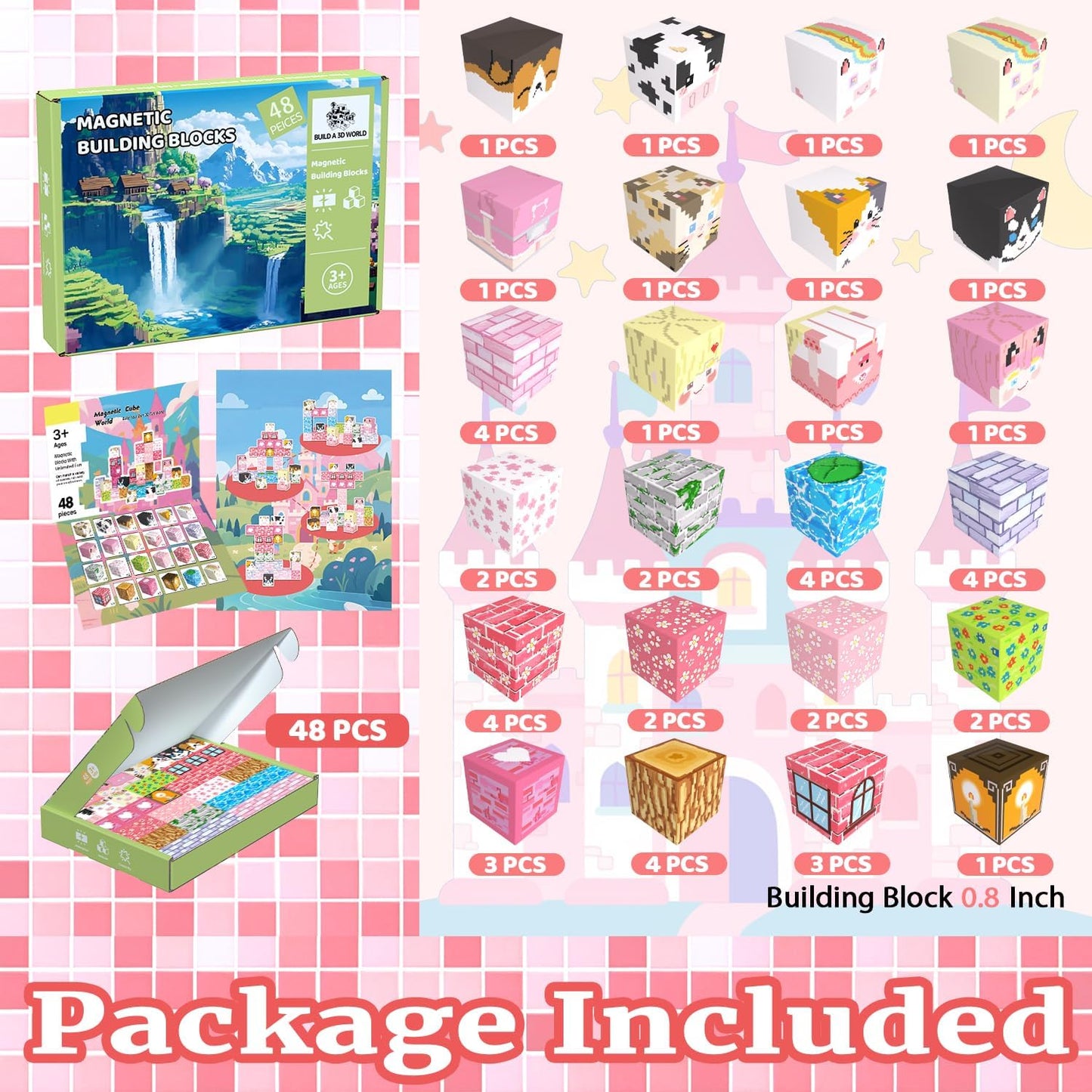 Magnetic Blocks, 48PCS Magnetic Tiles Building Blocks, Magnet Cubes STEM Sensory Game Toys Christmas Birthday Gifts for Kids Girls Age 3+ (Pink Forest)