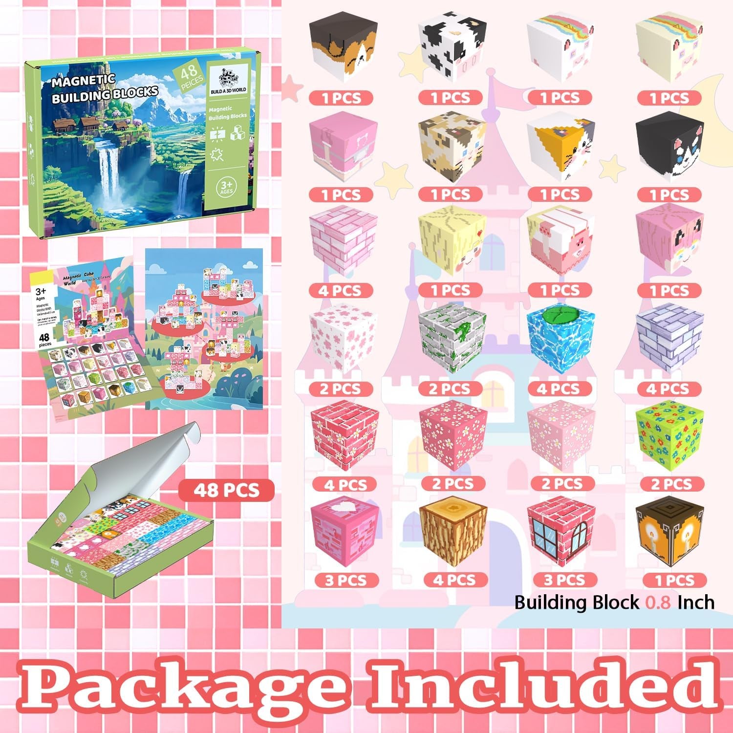 Magnetic Blocks, 48PCS Magnetic Tiles Building Blocks, Magnet Cubes STEM Sensory Game Toys Christmas Birthday Gifts for Kids Girls Age 3+ (Pink Forest)