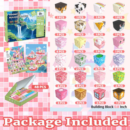 Magnetic Blocks, 48PCS Magnetic Tiles Building Blocks, Magnet Cubes STEM Sensory Game Toys Christmas Birthday Gifts for Kids Girls Age 3+ (Pink Forest)