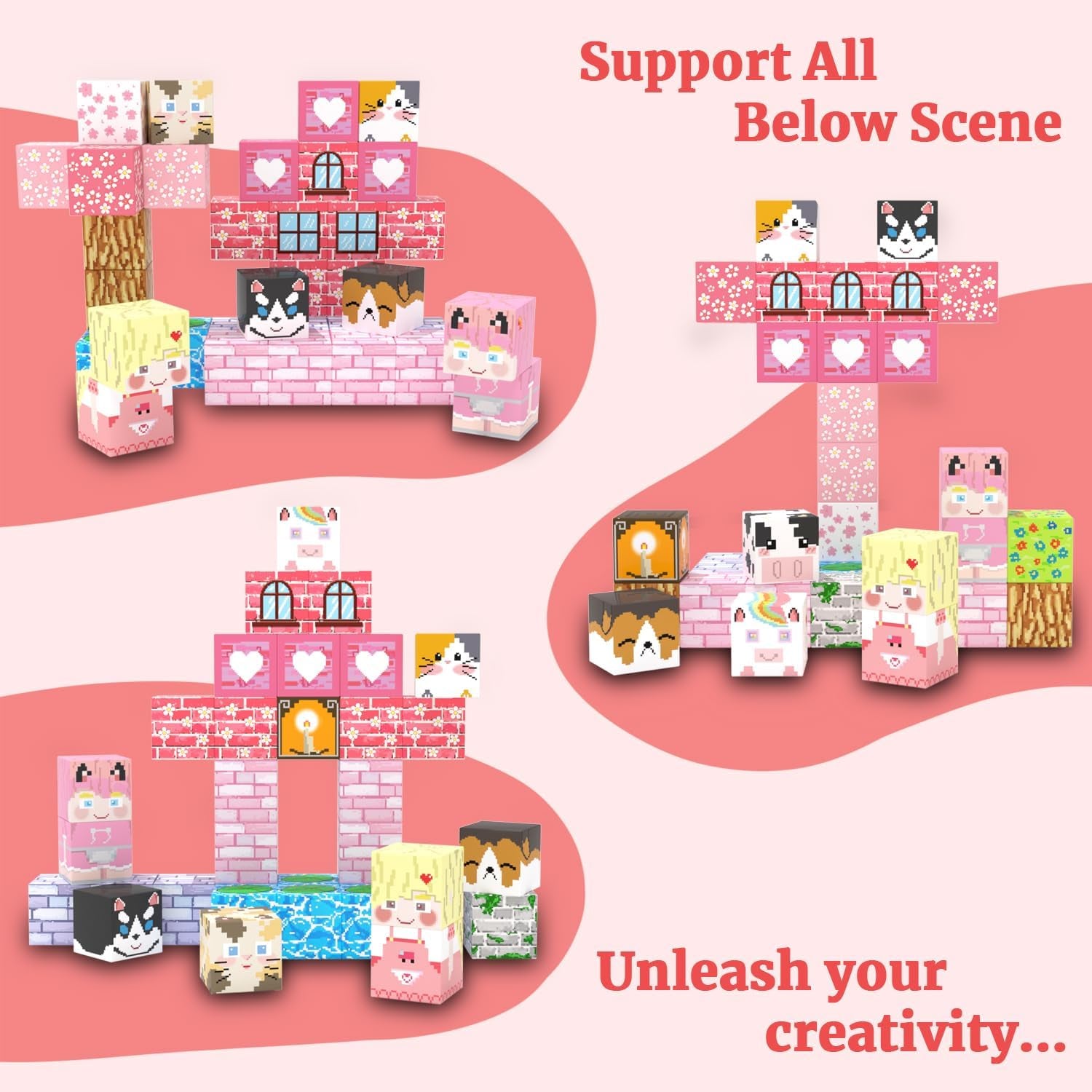 Magnetic Blocks, 48PCS Magnetic Tiles Building Blocks, Magnet Cubes STEM Sensory Game Toys Christmas Birthday Gifts for Kids Girls Age 3+ (Pink Forest)