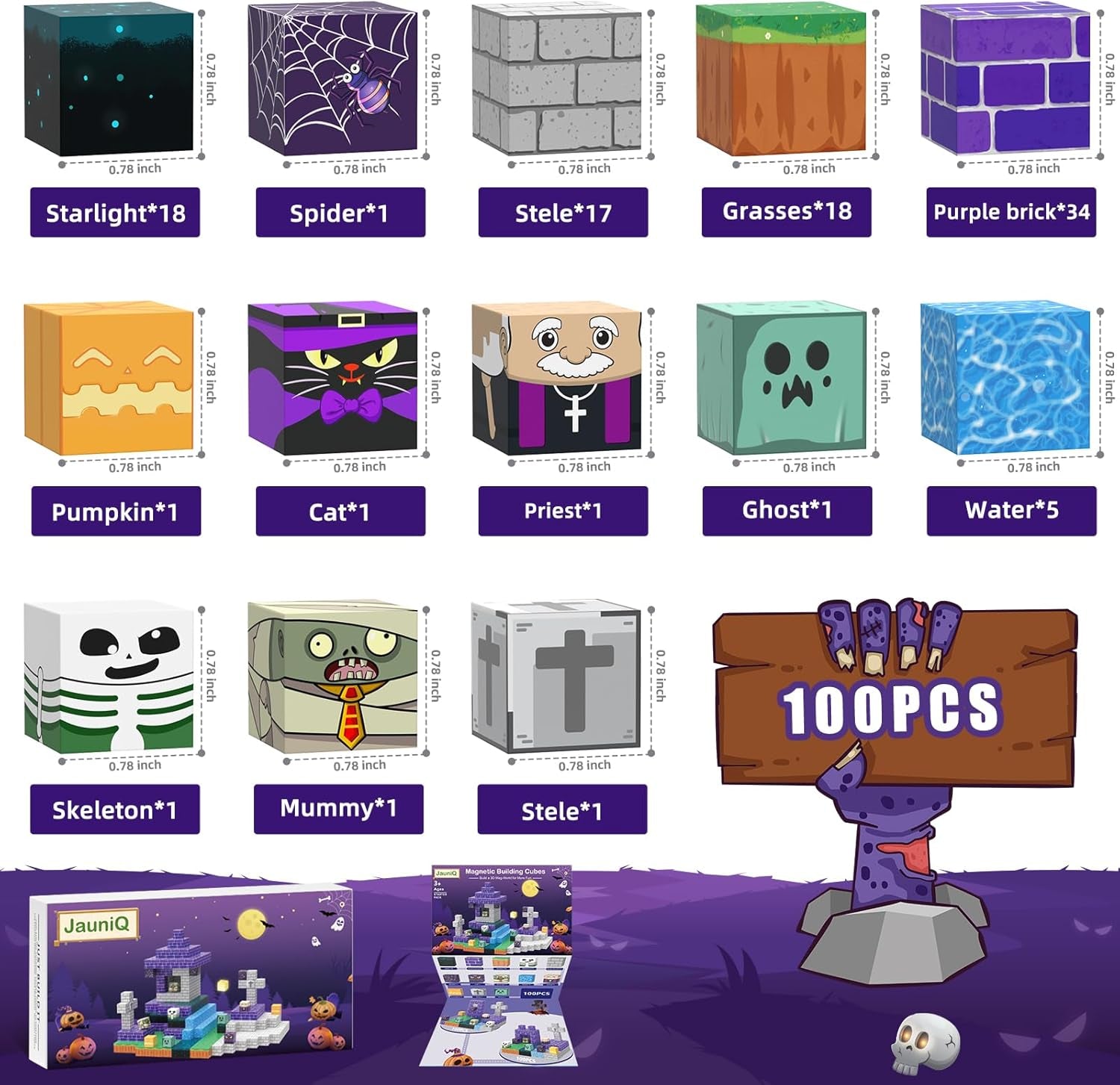 Magnetic Blocks 100 Pcs Building Toys Gifts Construction Toys for 3 4 5 6 7 8 Year Old Boys & Girls, STEM Montessori Sensory Creative Kids Toys Halloween Party Favors